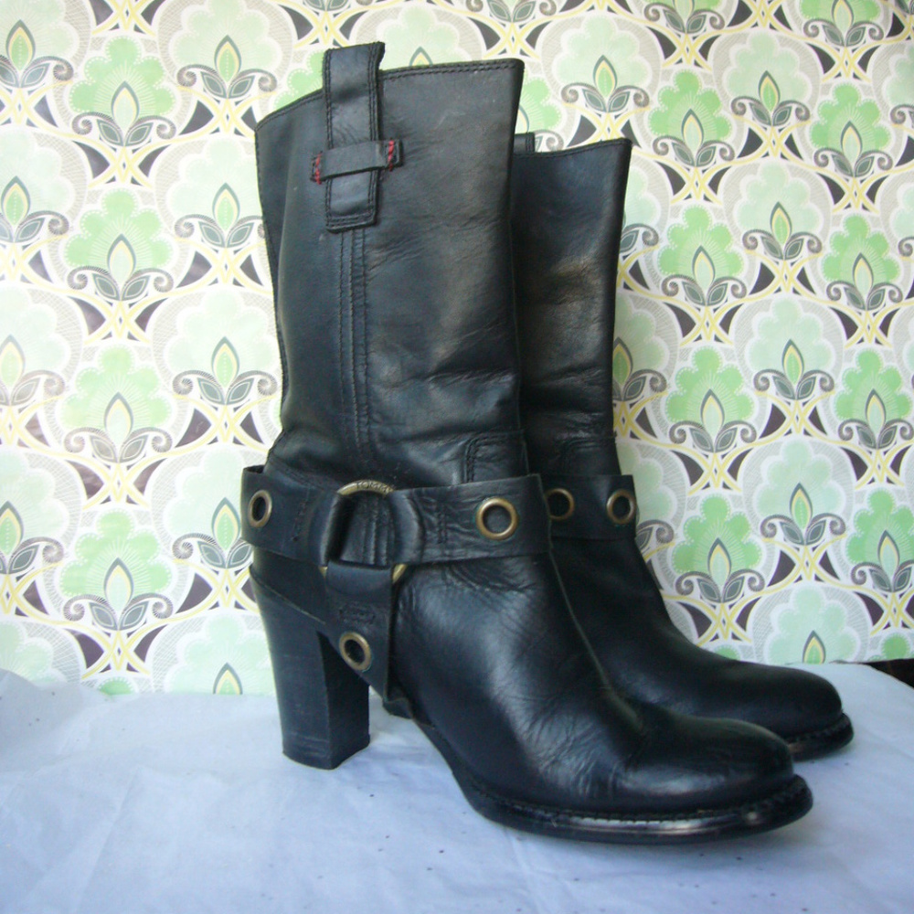 Tommy Hilfiger Black Motorcycle Boot 7 Punk Bohemian Moto Y2K Classic